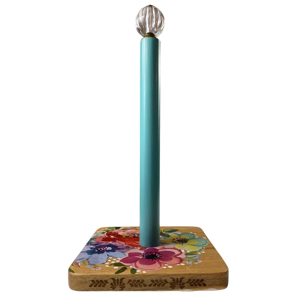 Pioneer Woman Floral Wooden Paper Towel Holder Teal Wood Base Acrylic Finial - Picture 2 of 11